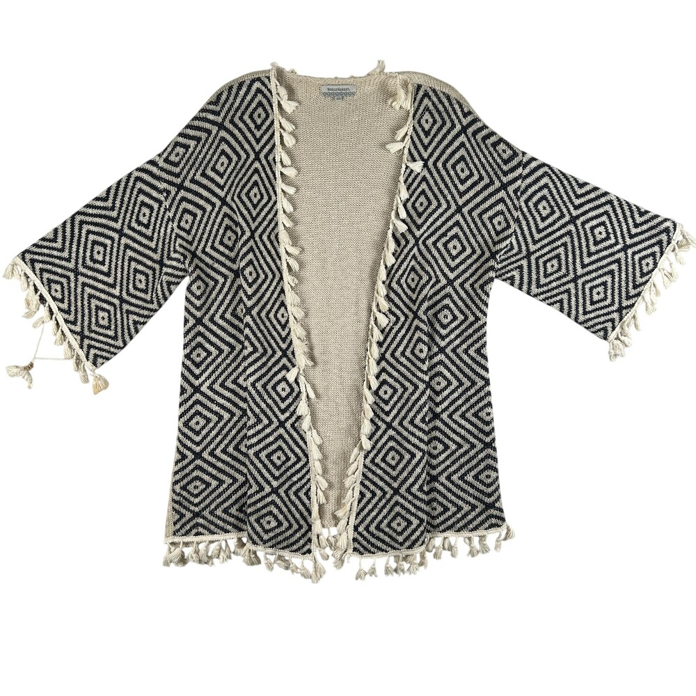 World Market Cardigan Sweater Womens One Size Beige Geometric Fringe Kimono